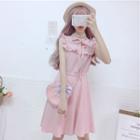Pinstriped Ruffle Trim Sleeveless Midi A-line Dress Pink - One Size