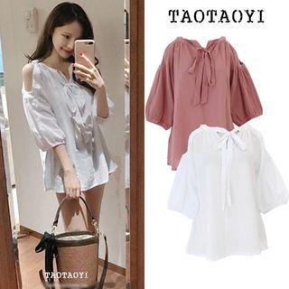 Bow Elbow-sleeve Off-shoulder V-neck Blouse