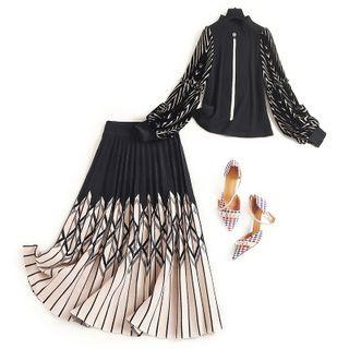 Set: Long-sleeve Print Blouse + Pleated Midi A-line Skirt