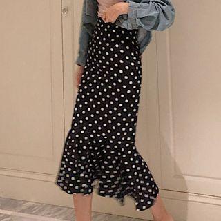 Dotted Ruffle Hem Midi Pencil Skirt
