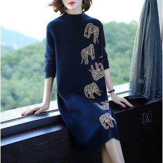 Mock-neck Elephant Pattern Long-sleeve Knit Dress