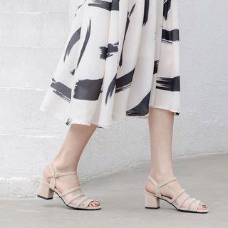 Mesh Paneled Block Heel Strappy Sandals