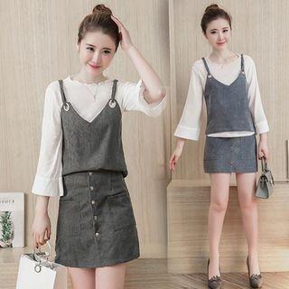 Set: Chiffon Long-sleeve Top + Striped Camisole Top + Buttoned Skirt