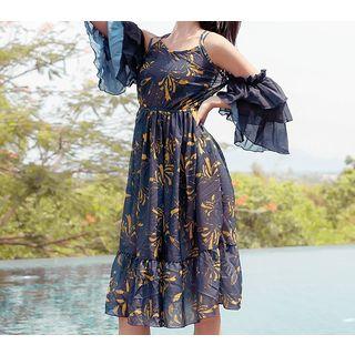 Set: Patterned Bikini + Cold-shoulder Cover-up Dress