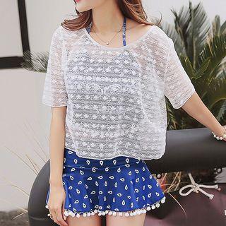 Set: Patterned Bikini Top + Swim Skirt + Cover-up Top