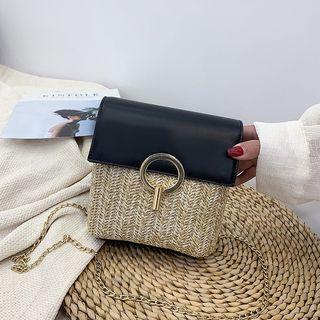 Faux Leather Woven Straw Panel Crossbody Bag