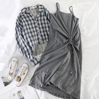 Set: Plaid Blouse + Drawstring Dress