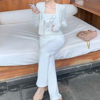 Bow Tube Top / Cropped Cardigan / Wide-leg Pants