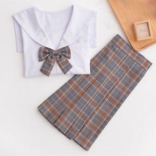 Set: Sailor Collar Top + Pleated Check Skirt