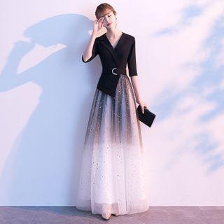 Mock Two-piece Elbow-sleeve Sheath Evening Gown