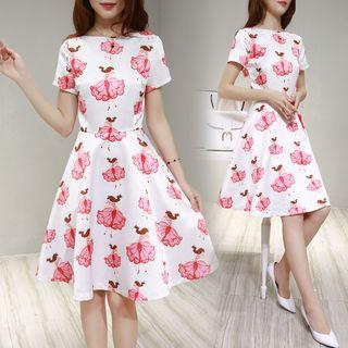 Printed 3/4-sleeve A-line Dress