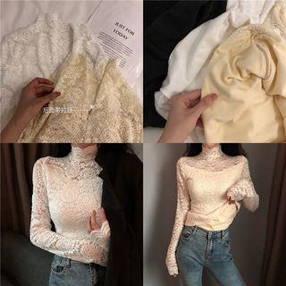 Mock-neck Fleece-lined Lace Top