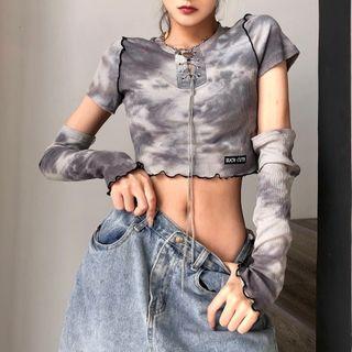 Detachable Sleeve Chain Tie-dye Print Cropped T-shirt