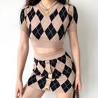 Set : Short-sleeve V-neck Argyle Knit Top + High-waist Argyle Button Short Skirt