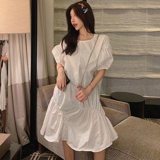 Plain Puff-sleeve Pleated A-line Dress