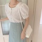 Floral Short-sleeve Blouse / Plain Midi A-line Skirt