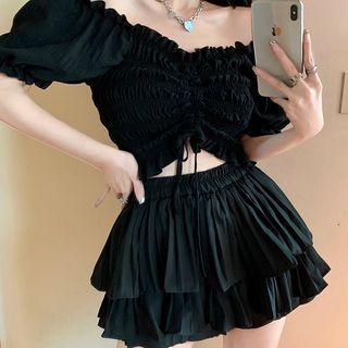 Wood Ear Trim Off-shoulder Shirt / Ruffle Skirt ( Various Designs )