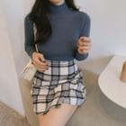 Long-sleeve Mock-neck Knit Top / Plaid Mini Skirt