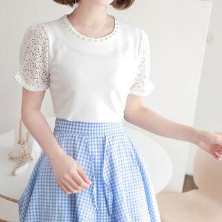 Faux-pearl Trim Lace-sleeve Top