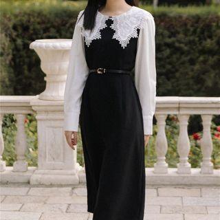 Long-sleeve Lace Collared Midi Sheath Dress