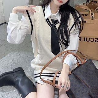 Striped Sweater Vest / Plain Shirt / Necktie / Set