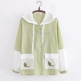 Contrast Color Avocado Print Hooded Button-up Jacket