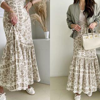Floral Print Ruffle-hem Maxi Skirt Beige - One Size