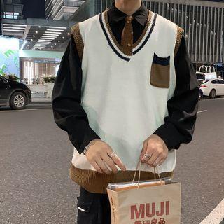 V-neck Color Block Knit Vest Almond - 2xl