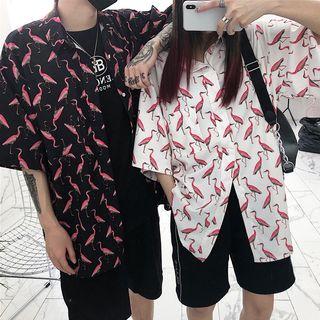 Couple Matching Cranes Print Elbow-sleeve Shirt