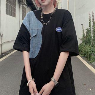 Elbow-sleeve Logo Denim Panel T-shirt