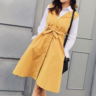 Set: Plain Shirt + Single-breasted Tie-waist Midi Pinafore Dress
