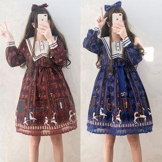 Sailor Collar Printed Long-sleeve A-line Dress / Bow Headband / Set