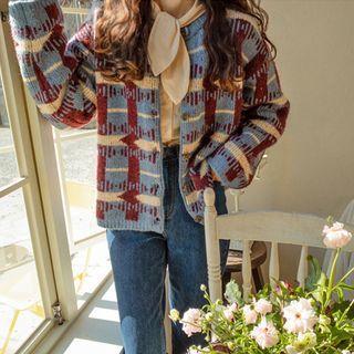 Round-neck Patterned Cardigan Sky Blue - One Size