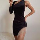 Long-sleeve One-shoulder Velvet Mini Dress