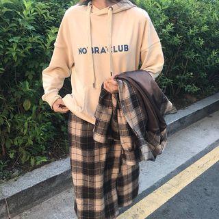 Plaid Buttoned Jacket / Letter Hoodie / Midi Skirt
