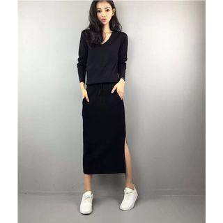 Long-sleeve Slit Pullover Midi Dress