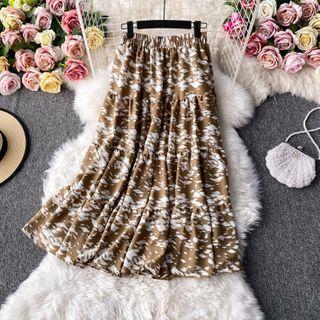 Elastic-waist Printed Chiffon Midi Dress