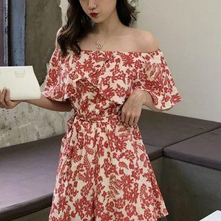 Picture Print Off-shoulder Ruffled-trim Jumper Shorts Red - One Size
