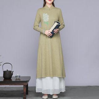 Long-sleeve Embroidered Midi A-line Knit Dress