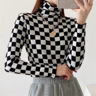 Long Sleeve Mock Neck Plaid Top Black - One Size