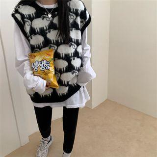 Long-sleeve Plain T-shirt / Printed Knit Vest / Leggings