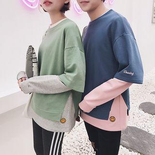Smiley Face Embroidered Color Panel Long Sleeve T-shirt