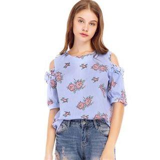 Elbow-sleeve Cutout Shoulder Rose Top