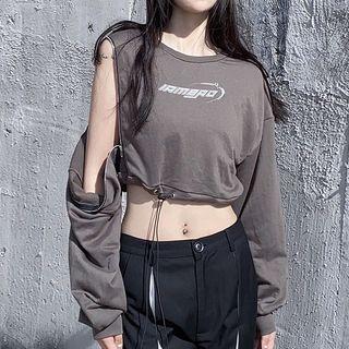 Long-sleeve Lettering Drawstring Cropped T-shirt