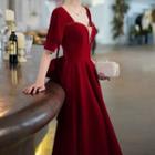 Short-sleeve Beaded Bow Back Cocktail Dress