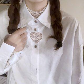 Long-sleeve Heart Cutout Loose-fit Shirt / Mock-neck Mesh Top