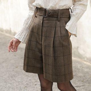 Flat-front Checked Shorts With Belt