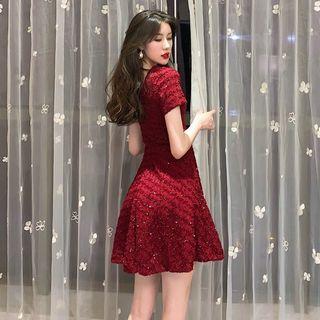 Short-sleeve Sequined A-line Mini Dress
