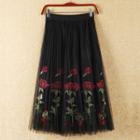 Flower Embroidered Midi Pleated Mesh Skirt