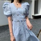 Puff-sleeve Frilled Cropped Top / Plain Frilled A-line Midi Skirt